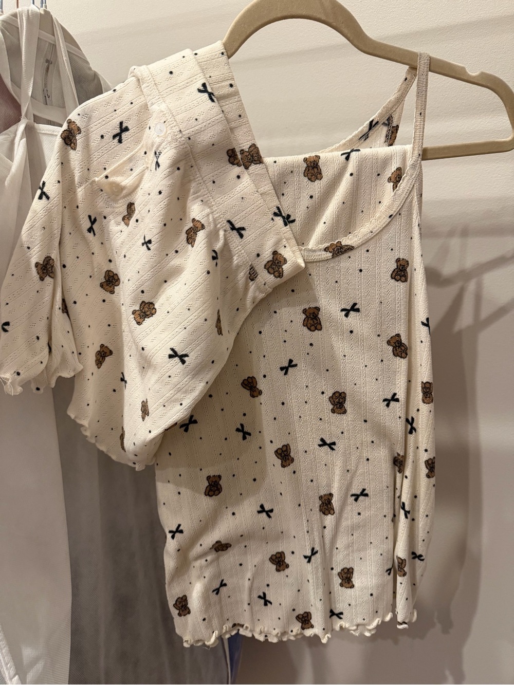 Cream Teddy Print Spaghetti pajama set